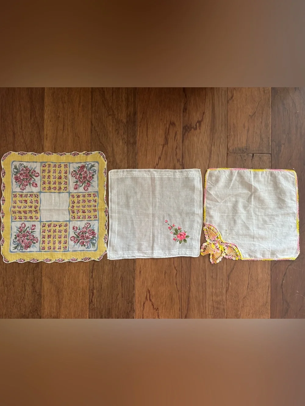 3 Vintage  Floral Embroidered and Crochet-Trim Handkerchiefs Yellow Pink & White